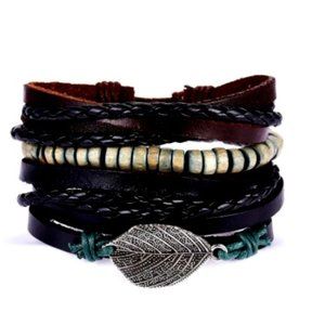 4 in 1 Boho Black Leather Leaf Flat Seed Bracelet